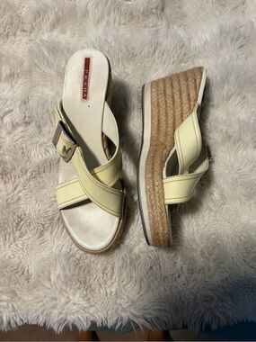 Prada off white Leather Crisscross Espadrille Wedge Mules